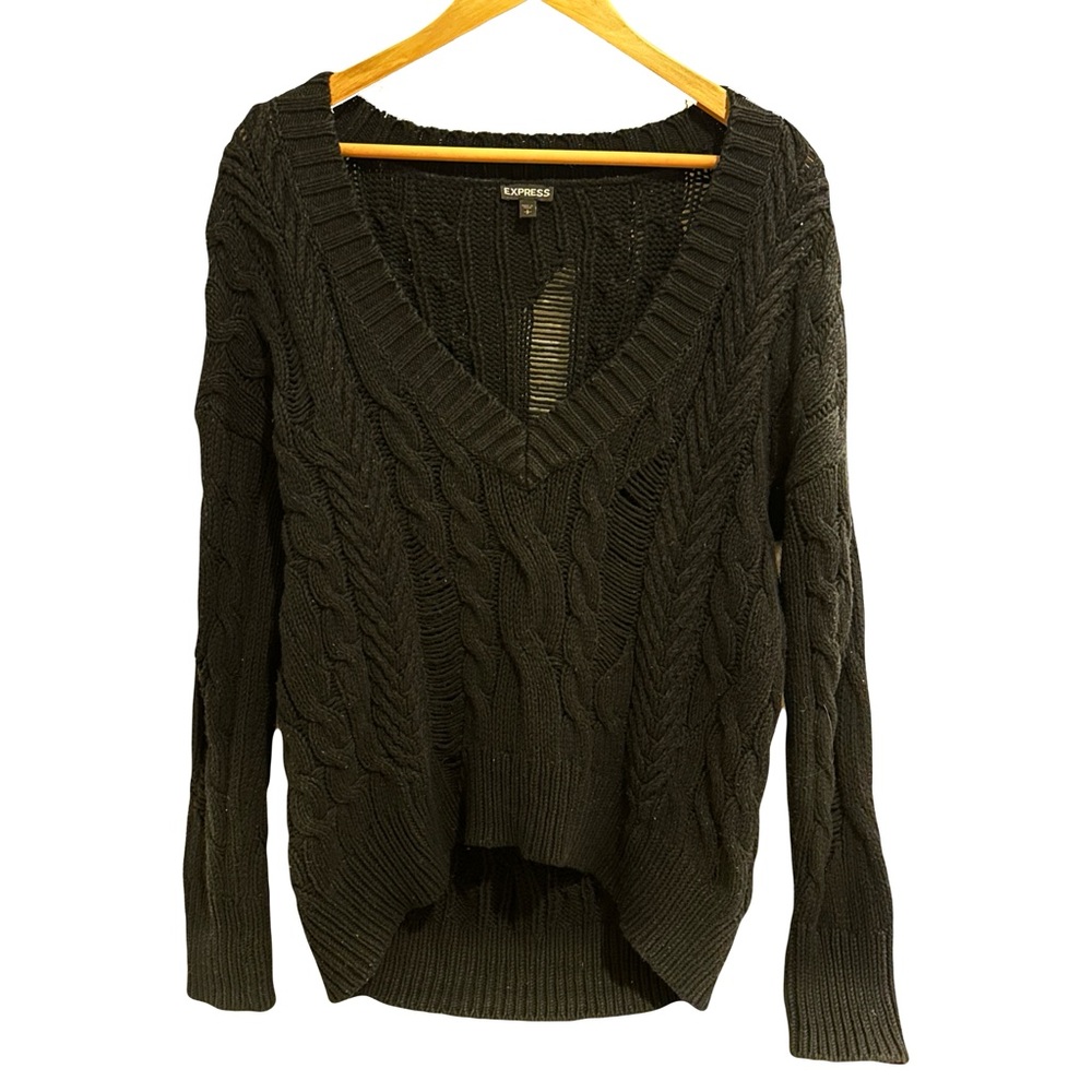 Express Black Ripped V-Neck Oversized Sweater Size S